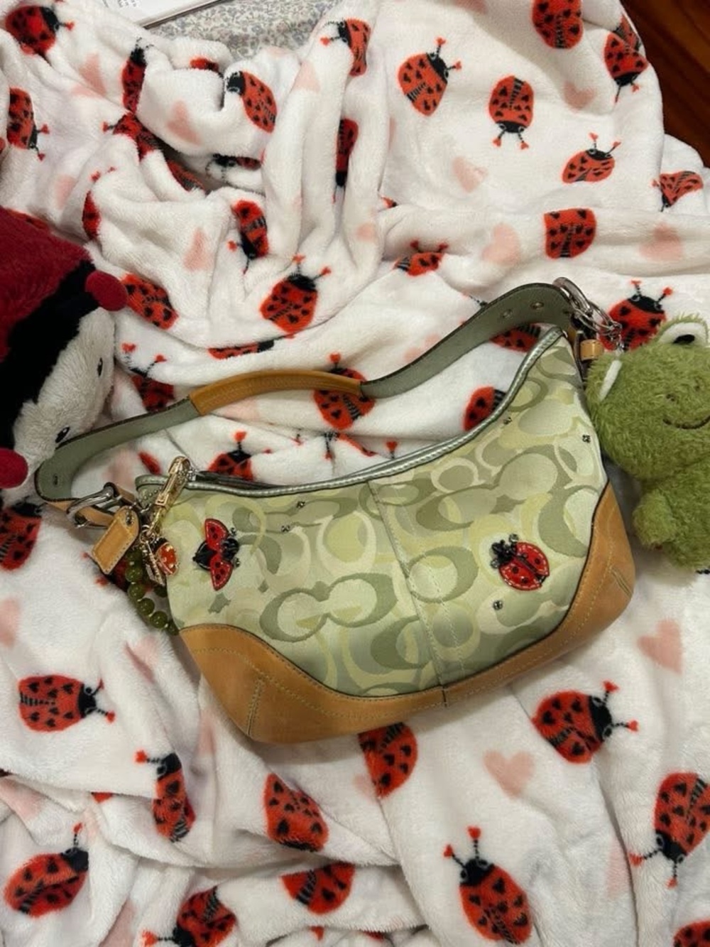 COACH Green Ladybug 2000s Signature Canvas Shoulder Bag with Leather Trim